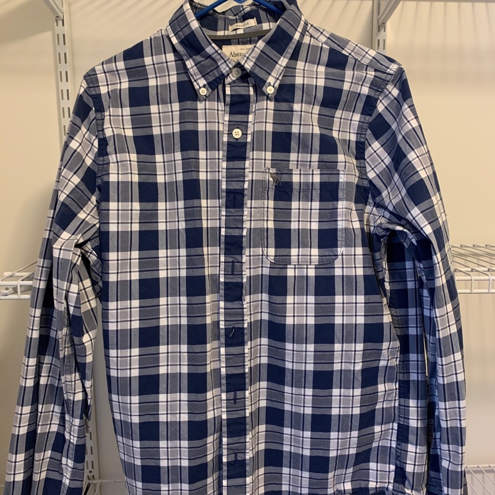 White and blue A&F plaid shirt size medium